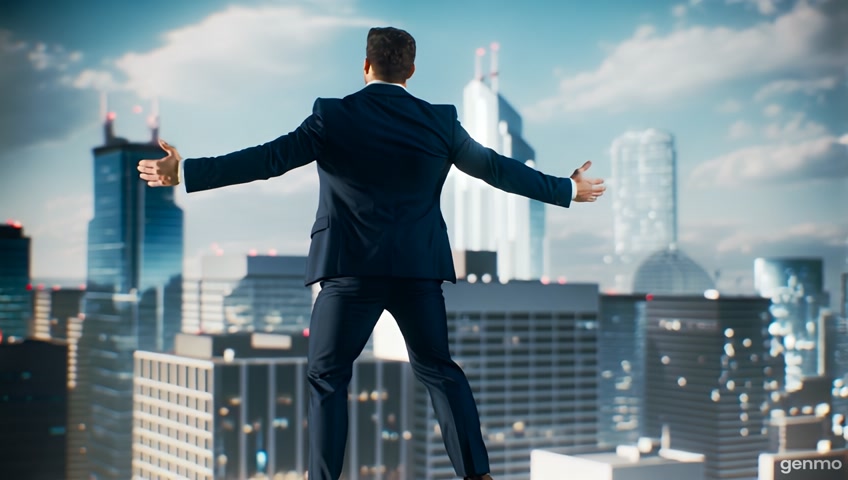 I want to see a well toned, muscular man, in a business suit, flying over the city, of businesses, looking down on the various businesses. This super hero person is a Business Process Officer and Business Process Manager. He seeks out businesses to support and help, with bottle necks, waste in their processes, dissatisfied customers, pain points from the entrepreneur. This super hero's job is to swoop in, help introduce the business owner to the basics of business process management and then indicate the added benefits of doing an audit, with a well qualified AI Business Consultant, with business process management credentials. As this leader can help the business owner team up AI and business process management skills and get the business back on track to earning money, increasing customer satisfaction and reducing wastes and delays in the business processes.