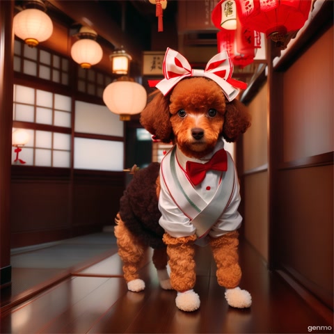 An anthropomorphic brown toy poodle wearing a white apron and red bowtie walks into a traditional Japanese izakaya and bows politely to the camera. The dog smiles gently. Cinematic lighting, vertical video