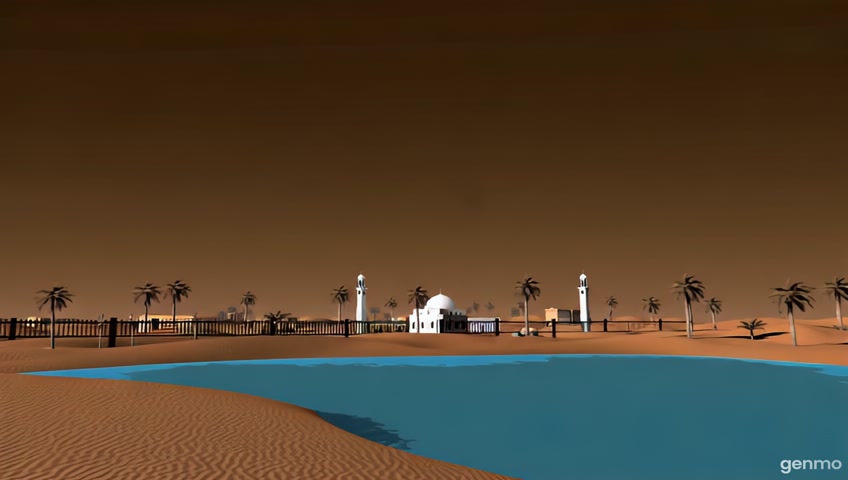 a beautiful brown sky in the brown night, make me a beautiful desert next to an Islamic village and a beautiful white little mosque and smal blue lake dear the moscue surrounded by wooden fence and street lamps and scattered small palm trees swaying in the wind on the ground