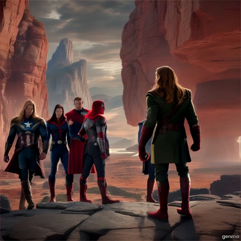 Captain america and Red Skrull meets Thor  and Loki at Vormir midlong distance view, 9:16 aspect ratio