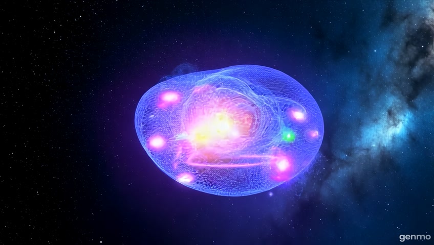 Una ostra-nave espacial flotando en el vacío cósmico, construida completamente de hilos, líneas y nodos lumínicos interconectados. Su estructura parece etérea y de alta tecnología, con un caparazón traslúcido hecho de energía vibrante. Pequeñas esferas de luz flotan alrededor de la nave, pulsando con energía fluorescente en tonos neón de azul, morado, verde y naranja. La parte trasera de la nave deja una estela de energía compuesta de líneas de luz dinámicas, dando la sensación de velocidad y movimiento interdimensional. El fondo es un espacio profundo con destellos de estrellas y neblinas galácticas en tonos eléctricos. La ostra parece abrirse ligeramente, revelando en su interior un núcleo de energía brillante que late como un corazón cósmico. La imagen tiene una estética tridimensional con profundidad, sensación de movimiento y efectos de luz envolventes, manteniendo un estilo futurista y abstracto.