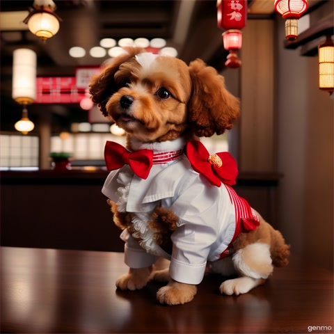 An adorable, anthropomorphic brown toy poodle named Osake, wearing a white apron and red bowtie, walks into frame in a cozy, traditional Japanese izakaya. The dog stops at the center of the frame, looks at the camera, and bows politely with a gentle smile. The lighting is warm and cinematic. Vertical video, high resolution.