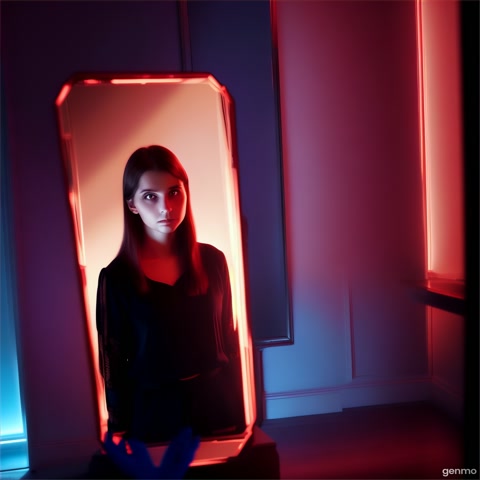 A woman looking at a mirror, her reflection slightly delayed, expression strange, room filled with eerie red and blue glow fully horror situation