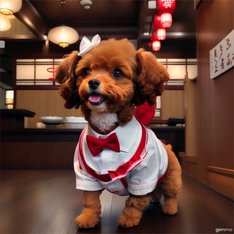 A vertical video of a cute anthropomorphic brown toy poodle named Osake, wearing a white apron and red bowtie. The dog walks slowly into the center of the frame in a traditional Japanese izakaya, stops, looks directly at the camera, and bows politely. The camera is steady and front-facing. Warm cinematic lighting. High detail.