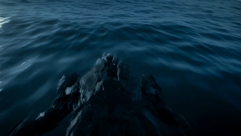 Over shoulder crane shot of a cinematic robot dark cinematic alien robot running across the ocean and hyper speed focused on speed of running