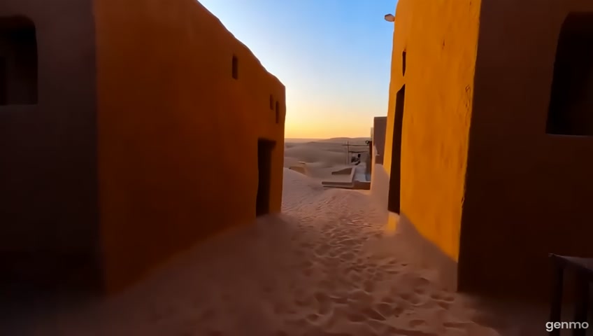 A pov of someone walking through streets of an arab dessert with the sunset