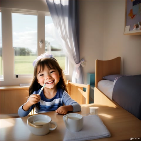 Create a video of a cute little girl with her daily activities.
In the morning: she wakes up, brushes her teeth, washes her face, gets dressed, has breakfast, and goes to school.
At noon: she eats lunch with her friends in the school cafeteria.
In the afternoon: she finishes school.
In the evening: she has dinner with her family, does her homework, watches TV, and goes to bed.