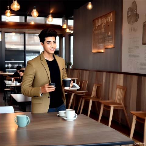 A stylish young man enters a cozy modern café. The atmosphere is warm, with soft lighting, wooden interiors, and people seated at tables sipping coffee, chatting, or on their phones. As the man steps in, a "Celebrity Arrival!" notification pops up on everyone's phone screen simultaneously.