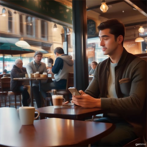 People in the café glance at their phones, then look up in surprise and excitement. Their expressions shift from casual to curious and eager. A soft cinematic glow surrounds the man as he walks confidently inside.