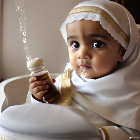 A cinematic close-up of an Omani toddler, around 2 years old, wearing traditional Omani attire — a white dishdasha and kumma (embroidered cap). The child is sitting peacefully on a cushion in a cozy, softly lit room. He holds a baby bottle with both hands and drinks from it slowly. Milk droplets are visible on his lips and the bottle’s nipple. His eyes show calmness and comfort. The camera captures the moment in slow motion with a shallow depth of field, focusing on the child’s expression and the gentle movement of the milk. Warm lighting with soft golden tones creates a dreamy and traditional atmosphere. Blurred background with elements like Arabic carpets and wooden toys.