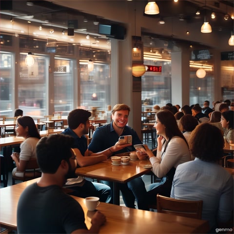 Slowly, people begin to get up and approach him with smiles, selfies, and admiration. The café buzzes with energy. Some are recording videos, others whisper excitedly to each other. The man remains calm, with a gentle smile, as he acknowledges them.
Visual Style: Cinematic, shallow depth of field, lens flare, warm tones.
Camera Angles: Start with a wide shot of the café, then medium shot of the man entering, followed by reaction close-ups, over-the-shoulder shots of phone notifications, and tracking shots as people approach.
Mood: Mysterious yet welcoming, with a light soundtrack building suspense and awe.