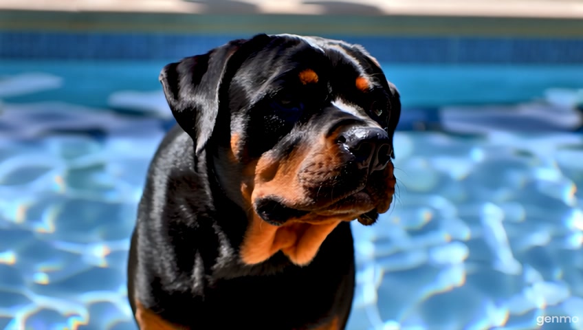a rotweiler dog doing olympic jump for swimming