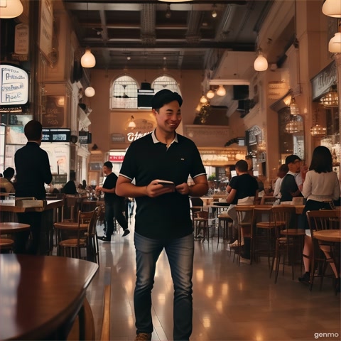 People in the café glance at their phones, then look up in surprise and excitement. Their expressions shift from casual to curious and eager. A soft cinematic glow surrounds the man as he walks confidently inside.
Slowly, people begin to get up and approach him with smiles, selfies, and admiration. The café buzzes with energy. Some are recording videos, others whisper excitedly to each other. The man remains calm, with a gentle smile, as he acknowledges them.