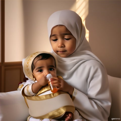 A close-up cinematic shot of an Omani toddler, around two years old, wearing a traditional white dishdasha and an embroidered kumma. He sits calmly on a cushion in a warmly lit room, filled with a soft and cozy atmosphere. With both tiny hands, he gently holds a baby bottle and drinks from it slowly. His eyes reflect pure innocence and deep comfort. Golden light softly touches his face, highlighting his delicate features in a scene full of warmth and serenity.