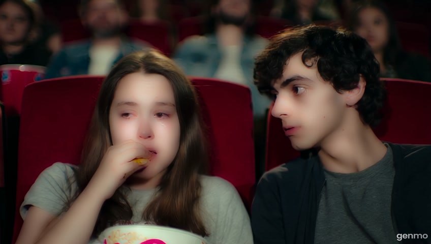 A cinematic scene inside a dark movie theater. Actress Jenna Ortega, in her early twenties, sits in the center of the frame, eating popcorn. She has a sad expression, with a single tear slowly rolling down her cheek. Next to her is actor Timothée Chalamet, also in his twenties, who gently leans in, says something softly, and lovingly wipes the tear away from her face with his hand. Both are softly illuminated from the front by the movie screen’s light, while the theater around them remains dim. Behind them, rows of audience members fill the red velvet seats, all watching the glowing movie screen ahead. The atmosphere is intimate, emotional, with soft lighting and cinematic depth.