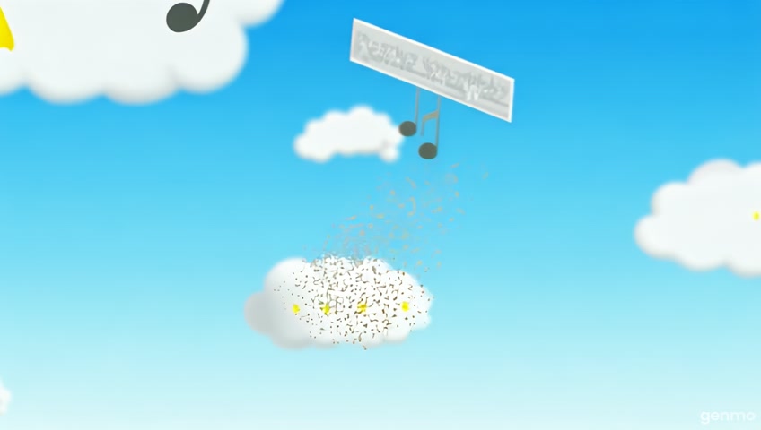 Description:Maestro flies on a kite made of sheet music. The sky is full of flying notes and happy clouds with musical faces.
Caption:"Conducting in the clouds!"
