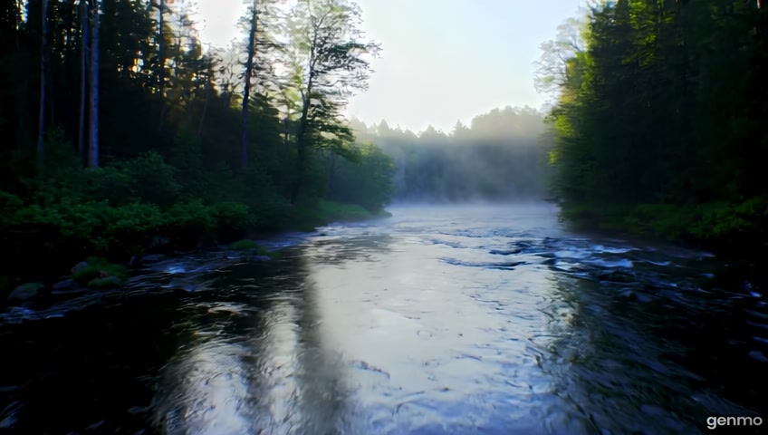 A seamless looping nature video, showing a calm forest and a gently flowing river. The camera angle is slightly from the side and at eye level, leaving space in the center foreground for a standing person. The composition emphasizes depth, with trees and water extending into the background, soft morning light, and mist rising above the river. The scene is peaceful and cinematic, perfect as a background