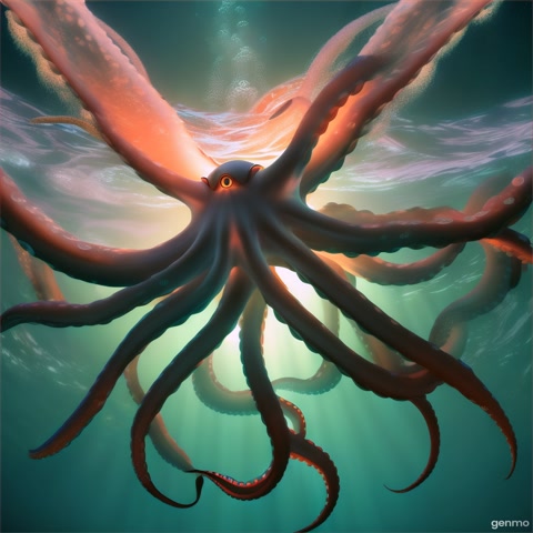Create a short 2D or 3D animated video for YouTube Shorts (15 seconds). The scene shows an octopus underwater, moving its arms gently around a diver or object. Add glowing particles or sparkles near the arms to represent taste sensors. The ocean should look deep and mysterious with soft light rays. Add text on screen matching the