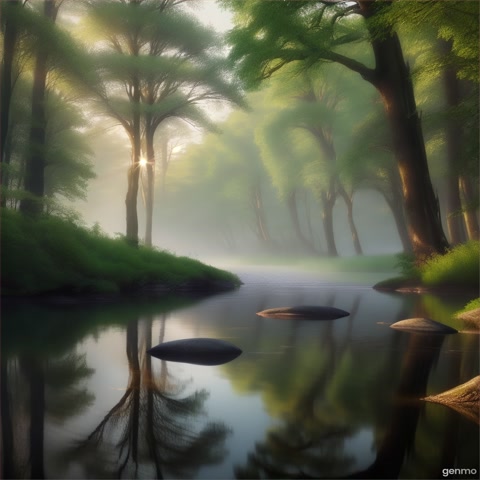 A seamless looping nature video, showing a calm forest and a gently flowing river. The camera angle is slightly from the side and at eye level, leaving space in the center foreground for a standing person. The composition emphasizes depth, with trees and water extending into the background, soft morning light, and mist rising above the river. The scene is peaceful and cinematic, perfect as a background