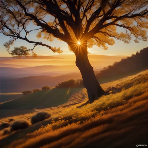 The camera arcs around a lone tree atop a hill at sunset. It moves slowly, capturing the play of golden light and long shadows across the landscape, creating a sense of serenity and natural beauty.