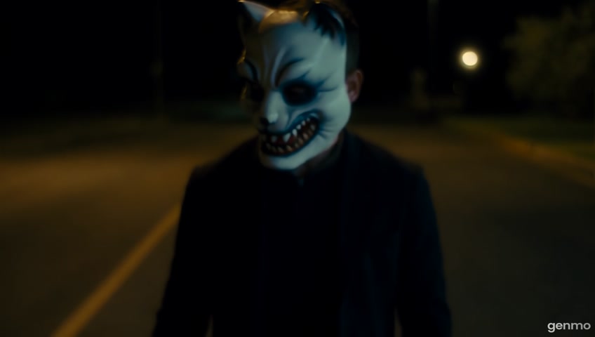 man in cheshire cat mask looks in camera holding bloody axe, darkness around, standing on asphalt