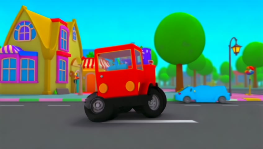 The truck drives off again, with the wheels spinning fast and the engine humming, continuing its journey through different parts of the town—past the bakery, school, and playground—on a recycling mission.make it in 3d cartoon