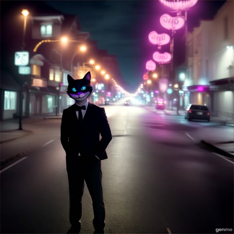man in cheshire cat mask standing and looking in camera holding bloody axe, darkness around, standing on asphalt in full height