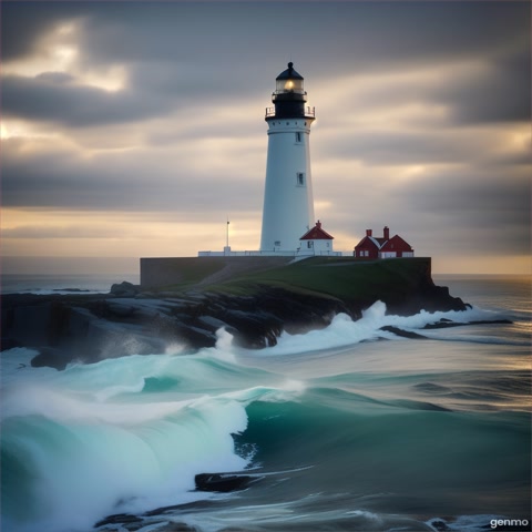 A wide-angle shot of a lighthouse standing strong against crashing waves. The camera emphasizes resilience and guidance.