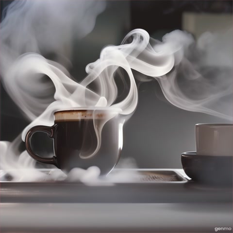 The camera focuses on a ceramic mug as hot, dark coffee is poured into it. Steam rises in soft, curling wisps, and the surface of the coffee ripples gently as the stream continues. The rich, dark color contrasts with the soft, white steam above it.
