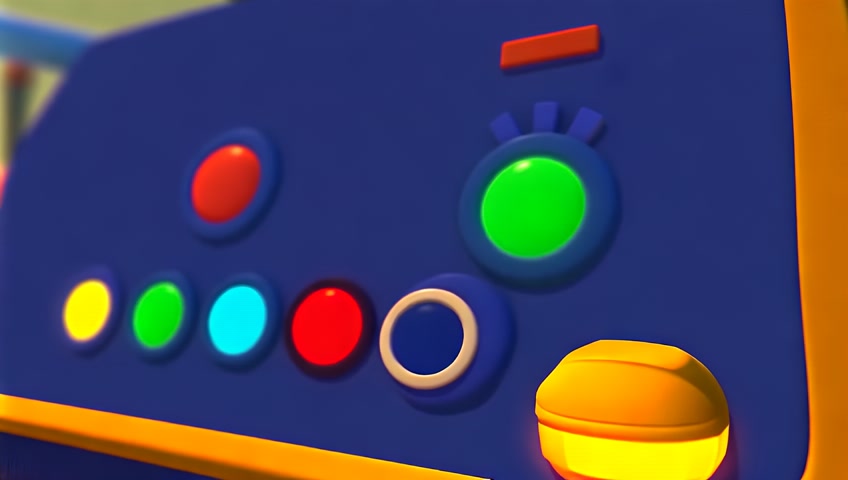 A close-up view of the truck’s control panel shows buttons lighting up as the driver operates the arm and compactor, with playful beeping sounds and blinking lights that show how the truck works.make it in 3d cartoons