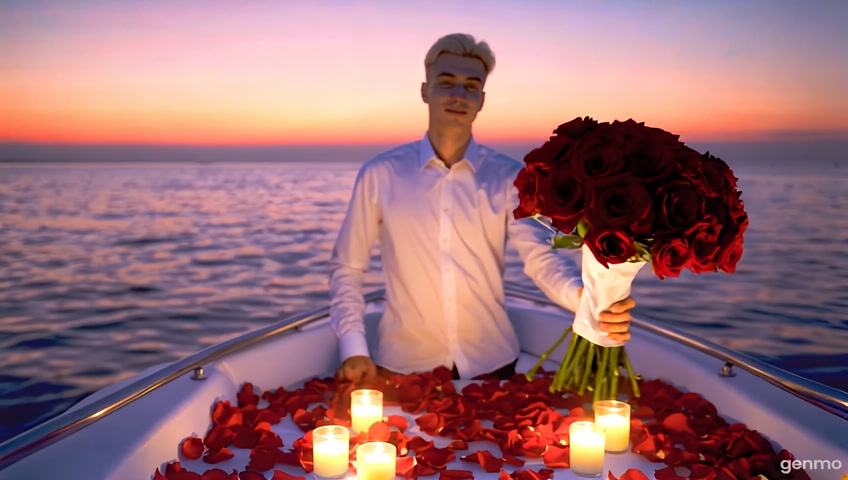Una escena romántica en un barco al atardecer, con el cielo en tonos rosas y naranjas. Abundantes velas encendidas y pétalos de rosa esparcidos por el suelo. Un chico rubio con camisa entregando un ramo gigante de rosas rojas