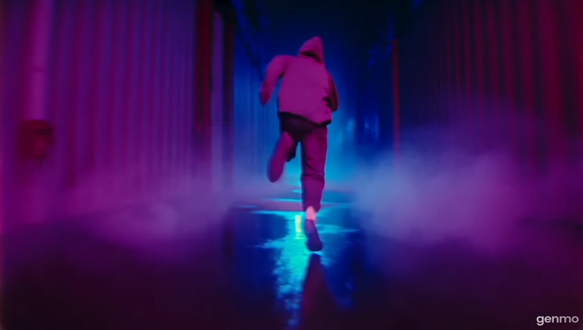 Ground-level tracking shot of a hooded figure running through a narrow path inside the urban maze, framed by tall container walls glowing with purple-blue neon light. Water puddles reflect the lights as the figure's feet splash through. The camera follows closely behind, shaking slightly for realism, with slow-motion and cinematic shadows stretching across the corridor. Fog rolls along the ground. Shot with anamorphic lens, subtle grain, 24fps upscale to 60fps.