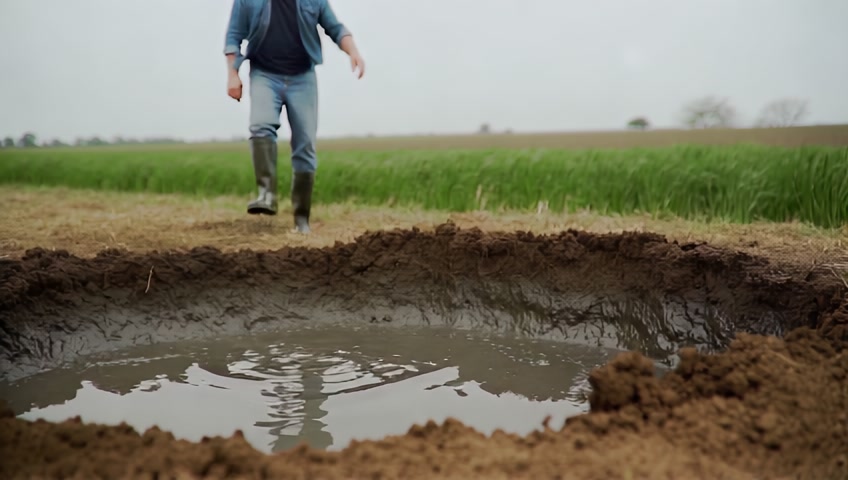 A farmer cautiously approaches a large hole in the middle of his field, filled with thick, dark mud. He is wearing a straw hat, muddy boots, and worn work clothes. The hole has jagged edges, as if it had suddenly appeared, and bubbles slowly rise from the bottom. The farmer leans slightly, inspecting it with a serious and puzzled expression. The sky is overcast, and the atmosphere is quiet, with a sense of unease. Rural mystery film style.
