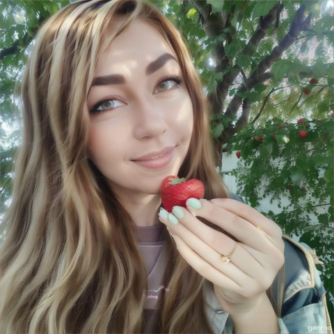 Девушка откусывает клубничку и улыбается