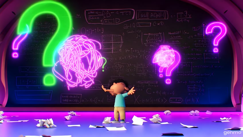 A humorous and whimsical animated scene, in the style of a modern cartoon with vibrant colors and expressive characters. The main character is a teenage boy, looking completely puzzled and overwhelmed. He is standing in the middle of a chaotic space, surrounded by giant, floating question marks of all shapes and sizes. Some question marks are tangled up like spaghetti, others are blinking like neon signs. In front of him is a huge, complicated blackboard filled with nonsensical equations, confusing diagrams, and arrows pointing in every direction, but offering no clear answer. The floor is littered with crumpled-up papers, symbolizing his failed attempts to find a solution."