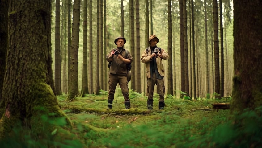 A group of wildlife explorers walk through a densely wooded area during the day, dressed in camouflage or earth-toned clothing, carrying large backpacks and binoculars around their necks. Some take notes, others photograph animals or footprints on the ground. The setting is filled with tall trees, dense vegetation, and natural sounds. There are cameras with telephoto lenses, maps unfolded, and a posture of careful observation. The realistic style evokes an atmosphere of scientific exploration and respect for nature.