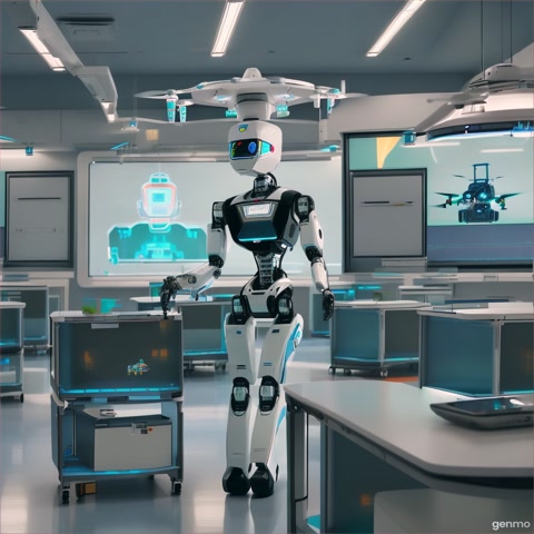 A robot doctor operating on a patient, a robotic teacher in a classroom with digital blackboard, delivery drones flying in the air, humanoid robots in office spaces