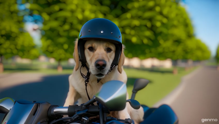 Generate a dog riding a motorcycle with a helmet on and stepping