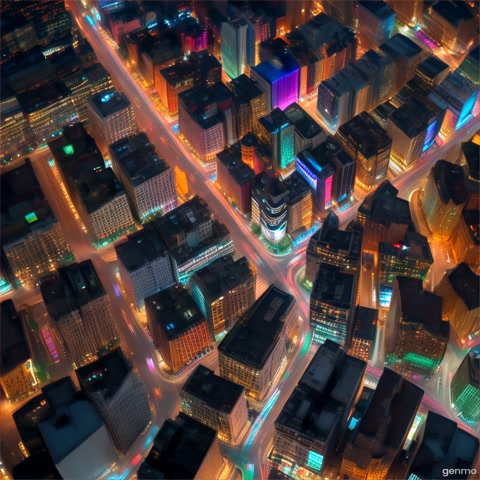 An aerial shot of a city illuminated during a festival, streets forming patterns. The camera reveals the larger design and celebration.