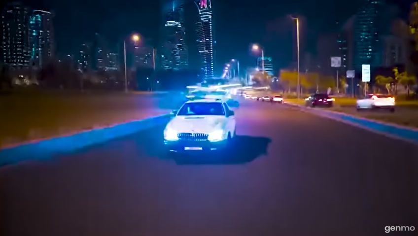 A hyper-realistic 20-second cinematic video of a white lowered Mercedes-Benz W202 (license plate 90-HO-992) speeding on Heydar Aliyev Avenue in Baku at night. The car scrapes the asphalt on both sides, producing sparks. It is being chased by a BMW Azerbaijani police car with red and blue flashing lights. Background includes glowing skyscrapers and the iconic Flame Towers. The scene features front, rear, side, and drone shots. Cinematic lighting, motion blur, 4K quality, filmed on a 24-70mm f2 lens.