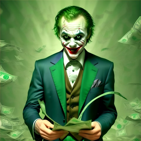Manifesting wealth. collecting bills in animation as the joker