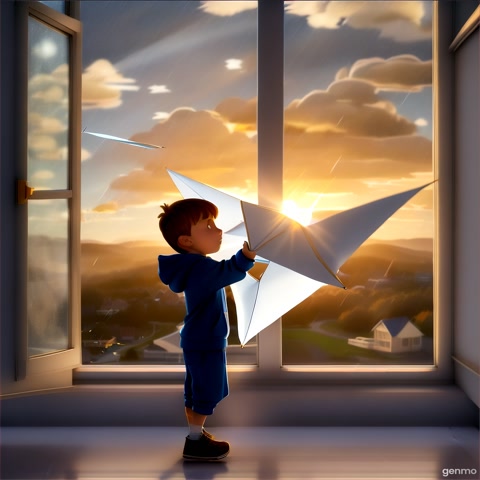 A heartwarming, 3D animated cinematic short film of a lonely young boy who dreams of flying. The boy wears a soft blue hoodie and sits by a window during sunrise, folding a white paper airplane. He goes outside, tries to fly it, but it crashes multiple times. In the rain, he keeps trying with determination. Finally, under golden sunlight on a hilltop, the paper plane soars into the sky. The visuals are Pixar-style, soft lighting, detailed environment, emotional music. Include slow motion shots, wind effects, and close-up expressions of the boy.