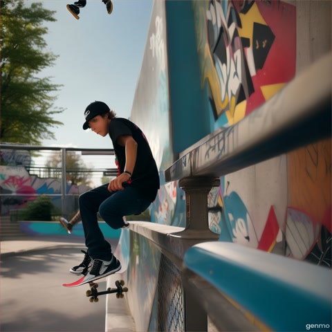 A dynamic shot of a skateboarder grinding along a railing in an urban park. The camera follows the trick, emphasizing skill and style.