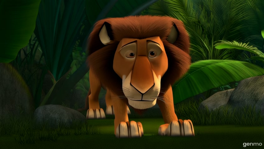Necesito una animación donde el primer plano y central sean unas hojas grandes,luego poco a poco va abriendo un plano general,pero muy lento y en ese plano se puede ver una selva amplia bastante verde y húmeda y un león acostado rugiendo,una jirafa comiendo y un mono trepando y me gustaría agregar una foto personal