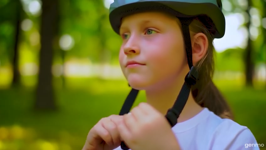 Show a video of a girl putting on her helmet in a park