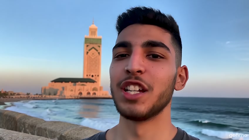 شاب مغربي في العشرينات من عمره، بدون لحية وله شعر كثيف ممشط بعناية، يلبس سروال جينز مهترئ من الركبة وتيشيرت بسيط، يتحدث باللهجة المغربية بطلاقة. يقف قرب مسجد الحسن الثاني في الدار البيضاء، حيث تُسمع في الخلفية أمواج البحر وصوت طيور النورس.
يبدأ كلامه بنبرة ساخرة قائلاً:
"سلام، معاكم عبدو الرجاوي الزامل... كاين انا هنا ، فالمسجد الحسن الثاني، والبحر مورايّا.
يكمل الحديث بابتسامة خفيفة وعيونه كتشوف الكاميرا مباشرة:
"أنا خدام فالحي الصناعي ديال عين السبع مع الدراري ديالي: مصطفى، خالد، حسن، سيمو، مهدي، وولد الحي... كل نهار كنفركعو الضحك وسط الخدمة، واش بصح انا مبوق؟
ثم يشير بيده للمسجد و يقول:
"داكشي علاش كنجي لهنا نهرب شوية من صداع الخدمة، البحر كيرتاح فيه القلب، والمسجد كيعطيك الطمأنينة... ولكن واخا كلشي، كنقولو ديما: الله يسهل على الجميع."