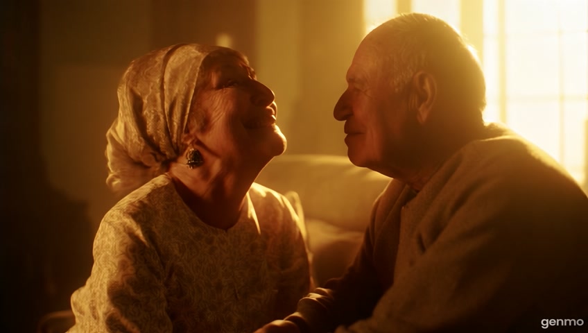 A warm, cozy Moroccan living room. An elderly Moroccan woman with a kind face and traditional clothing smiles lovingly at her elderly husband and tells him, 'nta zwin asmahhd' (you’re handsome, truly). The old man blushes slightly and smiles back. The scene feels full of love, tradition, and humor. Evening light coming from the window, warm tones."