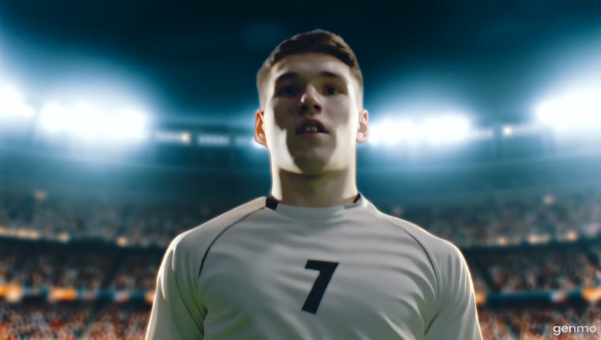 A young soccer player skillfully dribbles the ball on a real football stadium with many cheering spectators in the stands. He dribbles past several opposing players, evades them with clever moves, and then shoots powerfully with his right foot. The ball flies into the top right corner of the goal. The scene takes place in the evening under bright floodlights, the stadium is packed and the atmosphere is energetic. Slow motion on the shot