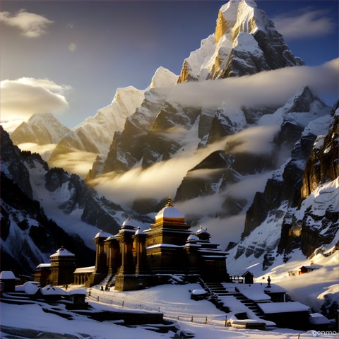 "Ultra-realistic cinematic photograph of the ancient Kedarnath temple in the Himalayas, shot with professional camera equipment. Dramatic snow-covered mountain peaks towering in the background under a moody sky with volumetric clouds. The stone temple sits majestically on rocky terrain, covered with fresh white snow on its rooftops and surrounding grounds. Cinematic lighting with golden hour sun rays piercing through the clouds, creating dramatic shadows and highlights across the temple walls and snow-covered landscape. Deep depth of field with the temple in sharp focus against the slightly blurred mountain backdrop. Professional color grading with enhanced contrast, rich shadows, and warm highlights. Shot from a low angle to emphasize the grandeur of both temple and mountains. Falling snowflakes visible in the light beams, creating a mystical atmosphere. Hyper-detailed textures on ancient stone carvings, weathered temple walls, and pristine snow. 8K resolution, cinematic aspect ratio 21:9, professional photography style reminiscent of epic mountain cinematography.