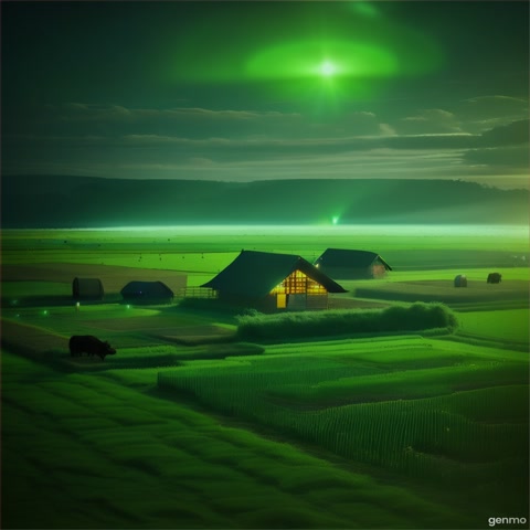 It’s midnight on a silent Indian farmland. Wild boars are destroying crops in the darkness. Suddenly, a glowing green UFO appears in the sky, hovering above the field. Blue-green energy nets drop from the UFO, wrapping around the wild boars. The boars float into the sky, caught and pulled into the spacecraft. Farmers hiding behind huts watch with wide eyes. The scene is cinematic, with glowing light effects, night-time ambience, and dramatic sci-fi music. Realistic animation, smooth camera movements, rural background with sci-fi overlay, 4K cinematic style."